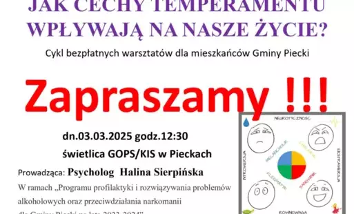 Zdjęcie do Zapraszamy na bezpłatne warsztaty - &quot;Jak Cechy Temperamentu Wpływają na Nasze Życie&quot; w dniu 3.03.2025 r.