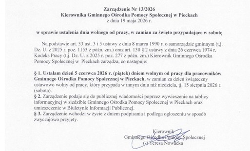 Zdjęcie do Dzień 5&nbsp;czerwca 2026&nbsp;r. (piątek) dniem wolnym od pracy dla pracownik&oacute;w  Gminnego Ośrodka Pomocy Społecznej w Pieckach